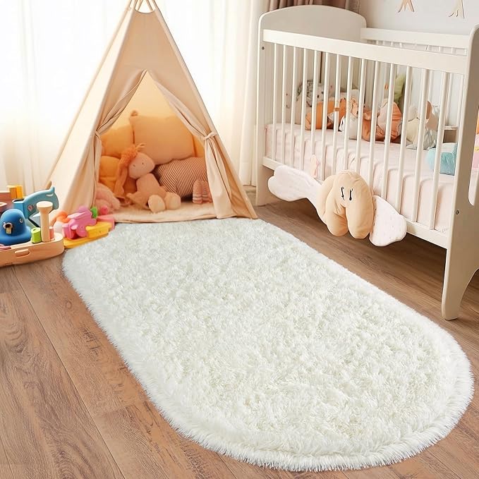 Pionblank Fluffy Oval Rug for Bedroom 3.3x6.2, Shag Throw Rugs for Bedside, Ultra Soft Cute Plush Carpet for Girls Boys Room Living Room Nursery Dorm Home Decor, Cream White