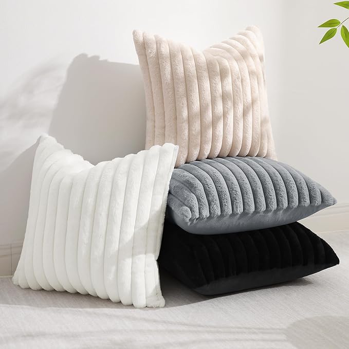decorUhome Summer Cozy Faux Fur Throw Pillow Covers 16x16 Set of 2 Decorative Soft Plush Striped Modern Farmhouse Boho Couch Pillow Cases with Velvet Back for Sofa Bed Living Room, White