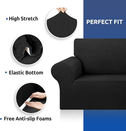 KEKUOU Stretch Oversized Sofa Slipcover 1 Piece Couch Sofa Cover (94"-110") Furniture Protector 4 Seater Sofa with Elastic Bottom for Kids,Pet.Jacquard Checked Pattern Fabric(X Large,Black)