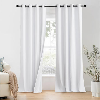 NICETOWN 100% Blackout Window Curtain Panels 90 inch Length for Living Room, Set of 2, Snow White, 55 inches Wide, Thermal Insulated Extra Long Drapes for Patio Sliding Door