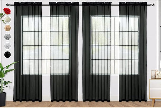 SpaceDresser Black Sheer Curtains 4 Panels Rod Pocket Semi-Sheer Curtain 96 Inches Long Light Filtering Voile Window Drapes for Bedroom Living Room Kitchen, Each 52W x 96L