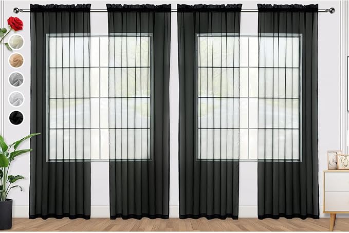 SpaceDresser Black Sheer Curtains 4 Panels Rod Pocket Semi-Sheer Curtain 54 Inches Long Light Filtering Voile Window Drapes for Bedroom Living Room Kitchen, Each 52W x54L