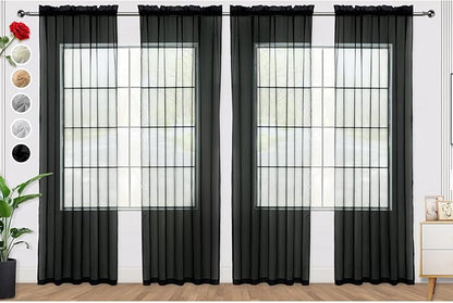 SpaceDresser Black Sheer Curtains 4 Panels Rod Pocket Semi-Sheer Curtain 108 Inches Long Light Filtering Voile Window Drapes for Bedroom Living Room Kitchen, Each 52W x 108L