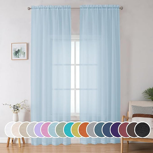 OWENIE Sky Blue Sheer Curtains 90 Inches Long for Bedroom Living Room 2 Panels Set, Light Filtering Voile Light Blue Sheer Curtain, Airy Rod Pocket Farmhouse Curtains, 42Wx90L, Sky Blue