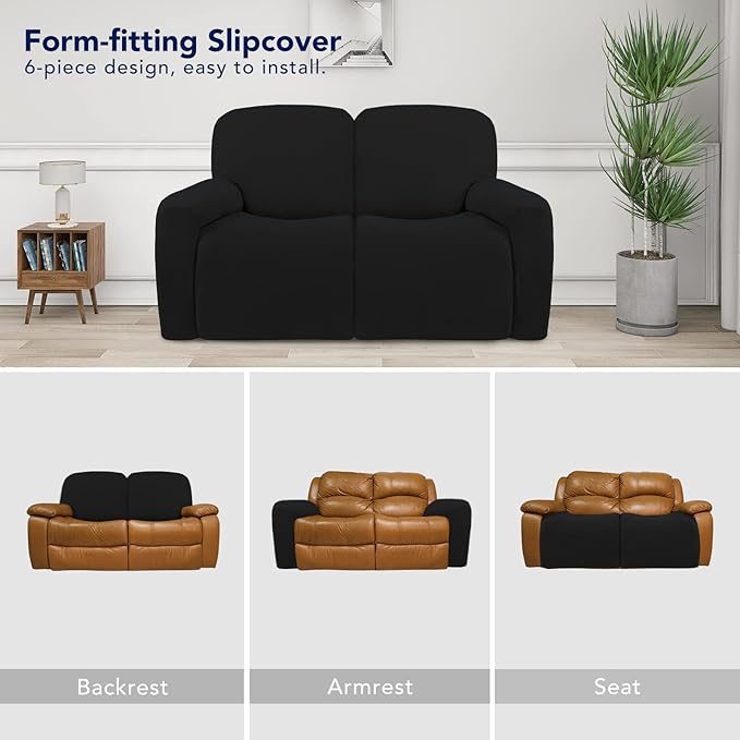 PureFit Super Stretch Loveseat Recliner Sofa Couch Cover with Pocket – 2 Seats Non Slip Soft Sofa Slipcover, Washable Reclining Furniture Protector for Kids, Pets (Recliner Loveseat, Black)