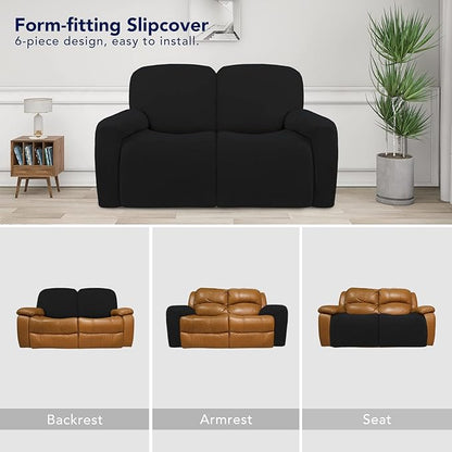 PureFit Super Stretch Loveseat Recliner Sofa Couch Cover with Pocket – 2 Seats Non Slip Soft Sofa Slipcover, Washable Reclining Furniture Protector for Kids, Pets (Recliner Loveseat, Black)