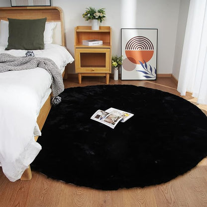 Ghouse Faux Rabbit Fur Round Rug 5ft Black Round Rugs for Bedroom Decor Fluffy Area Rugs for Living Room, no-Shedding Carpet Sheepskin Washable Rug Rome Decor