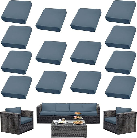 14Pcs Outdoor Cushion Covers, Patio Cushion Covers,Stretch Elastic Slipcovers, Replacement Washable & Reusable Furniture Protector for Patio Couch (Gray-Blue,Cover Only)