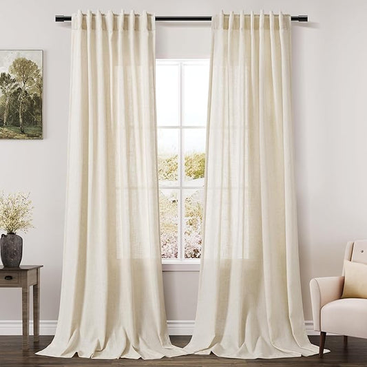 Nanspring Warm Beige Linen Curtains 108 Inches Long for Living Room Bedroom 2 Panels Set Extra Long Back Tab Curtain Light Filtering Sheer Drapes Floor to Ceiling Curtain for Large Windows 52x108