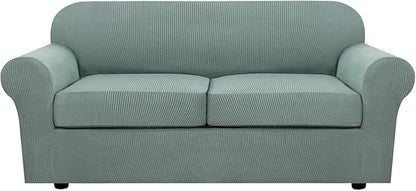 H.VERSAILTEX 3 Piece Stretch Sofa Covers for 2 Cushion Sofa Couch Covers for Living Room Sofa Slipcovers (Base Cover Plus 2 Seat Cushion Covers) Thicker Jacquard Fabric(Large Sofa, Sage)