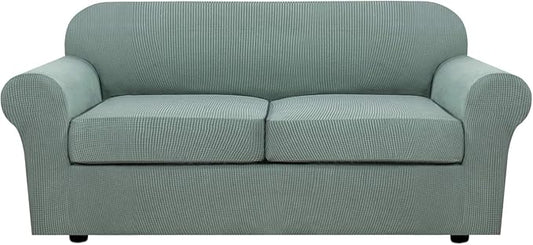 H.VERSAILTEX 3 Piece Stretch Sofa Covers for 2 Cushion Sofa Couch Covers for Living Room Sofa Slipcovers (Base Cover Plus 2 Seat Cushion Covers) Thicker Jacquard Fabric(Large Sofa, Sage)