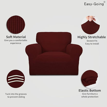 Easy-Going Stretch Chair Sofa Slipcover 1-Piece Couch Sofa Cover Furniture Protector Soft with Elastic Bottom for Kids, Pet. Spandex Jacquard Fabric Small Checks (Chair, Wine)