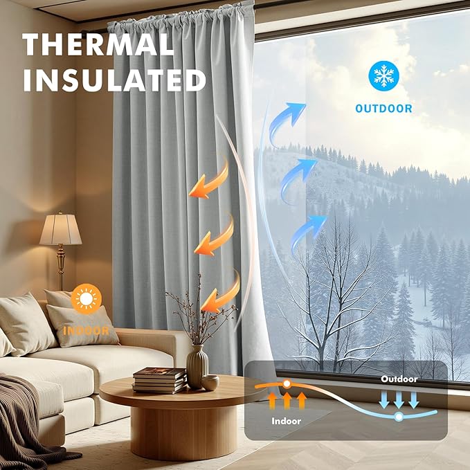 MIULEE 100% Blackout Linen Curtains for Bedroom, Grey Solid Luxury Decor Thermal Insulation Room Darkening Drapes for Living Room Nursery Back Tab Rod Pocket 42 x 63 Inches, 2 Panels