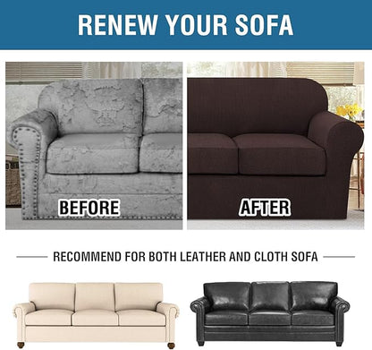 H.VERSAILTEX 4 Piece Stretch Sofa Covers for 3 Cushion Couch Covers for Living Room Furniture Slipcovers (Base Cover Plus 3 Seat Cushion Covers) Thicker Jacquard Fabric (Large Sofa, Chocolate)