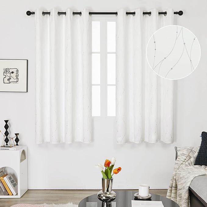 Deconovo White Curtains, Room Darkening Curtain, Thermal Insulated Soundproof Drapes, Wave Dots Silver Print, 52 x 63 Inch Long, Grommet Top, Window Panels for Living Room Bedroom Nursery, Set of 2