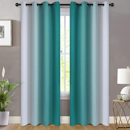 Yakamok 84 Inch Length Teal and Greyish White Light Blocking Gradient Color Ombre Curtains with Grommet, Room Darkening Window Treatment Drapes for Living Room(52x84 Inch, 2 Panels)