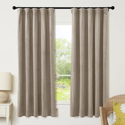 RYB HOME Camel Beige Velvet Curtains 63 inches Length with Hook Tape, Thermal Insulated Privacy Protect Decorative Drapes for Bathroom Window, W 42 x L 63 inches, 2 Panels Set