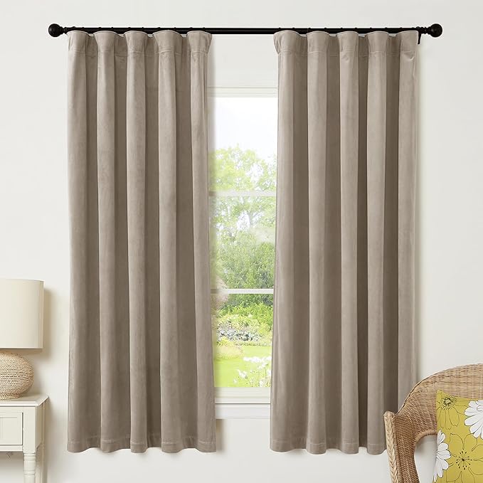 RYB HOME Camel Beige Velvet Curtains with Hook Tape, Thermal Insulated Privacy Protect Decorative Drapes for Home Theater, W 52 x L 72 inches, 2 Panels Set