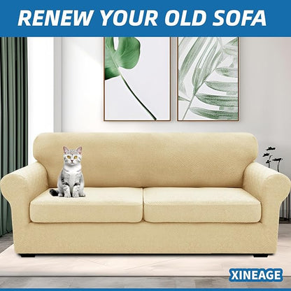 XINEAGE 2026 New 3 Pieces Couch Covers for 2 Extra Large Cushion Sofa Super Stretch Sofa Cover for 2 Large Seat Cushion Universal Loveseat Slip Cover for Living Room (Beige), 71"-91"(2 Cushions)