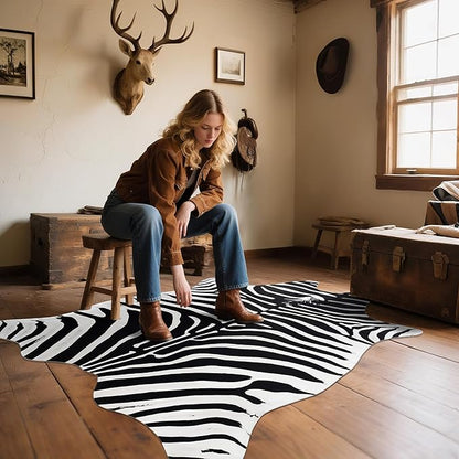 AROGAN Premium Faux Zebra Hide Rug 4.6 x 5.2 Feet, Sturdy and Large Size Bear Print Rugs, Suitable for Bedroom Living Room Western Decor, Faux Fur Animal Carpet, Black and White