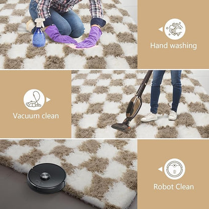 Large Shag Area Rug for Bedroom, 9x12 Ft Beige and White Area Rug Classic Checkered Shaggy Anti-Skid High Pile Soft Fluffy Rug Fuzzy Carpet for Living Room Bedroom Kids Room Nursery, Dorm Home Decor