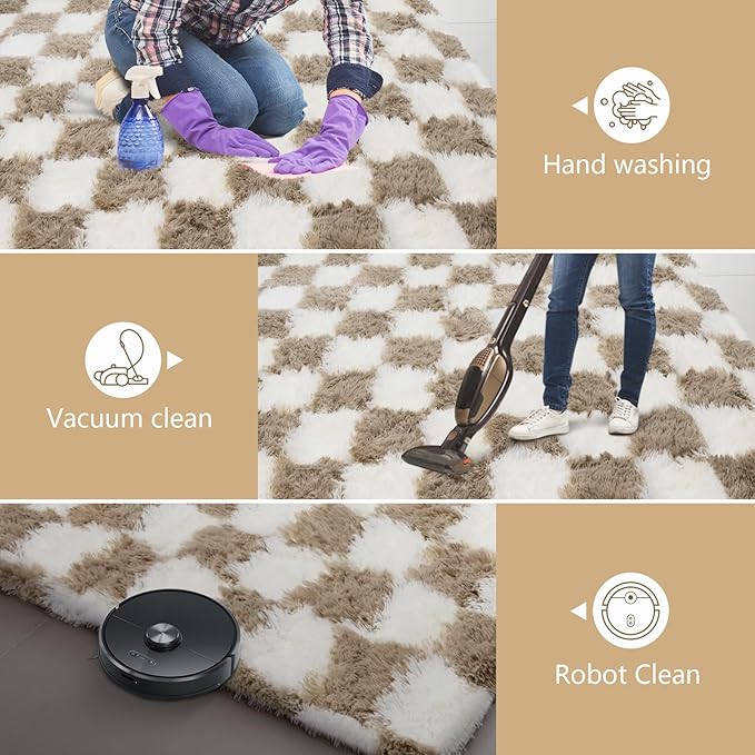 Checkered Area Rugs for Bedroom 5x8, Fluffy Beige and White Checkered Rug Fuzzy Shag Shaggy Carpets for Living Room, Soft Plush Furry Rug for Boy Girls Room Dorm Home Decor