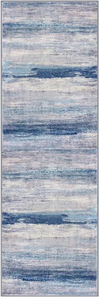 KOZYFLY 3x8 Ft Rug Modern Ombre Runner Rug for Hallway, Washable Kitchen Rugs Non-Slip Soft Striped Entryway Rug, Print Blue/Grey/Beige Abstract Carpet for Laundry Nursery