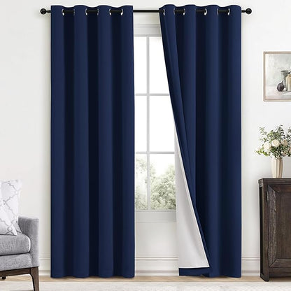 Yakamok Navy Blue 100% Blackout Curtains 84 Inches Long Thermal Insulated Window Curtain for Bedroom Living Room Darkening Set of 2 Panels Grommet Top Drapes with 2 Thick Layers 52x84 Inches Dark Blue