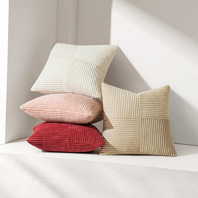 MIULEE Beige Decorative Lumbar Throw Pillow Covers 14x24 Inch for Couch Bed Sofa Pack of 2 Boho Neutral Farmhouse Throw Pillows Soft Cross Corduroy Patchwork Textured Cushion Cases
