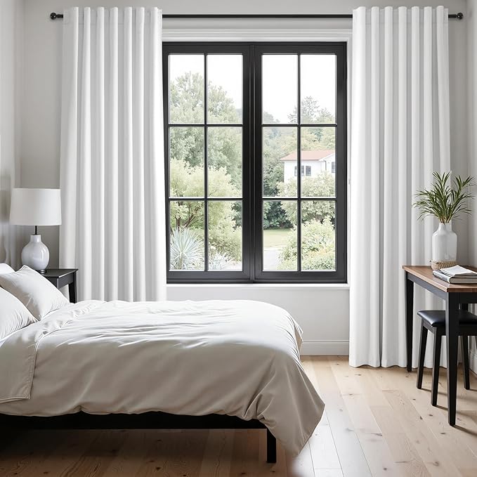 Topfinel 95 inch Living Room Curtains 2 Panels 100% Blackout Linen Texture Curtain Beige White Window Drapes with Back Tab Rod Pocket Light Blocking Thermal Insulated Curtains Pinch Pleated Drapes