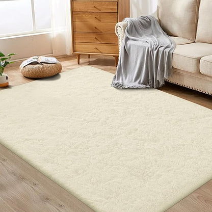 Circle Rug for Bedroom: 4FT Cream White Round Fluffy Shag Soft Washable Rugs Small Fuzzy Plush Indoor Carpet for Teen Kids Girls Boys Nursery Preppy Dorm Classroom (Cream White, 4'x6')