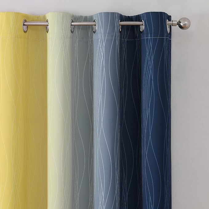 Estelar Textiler Navy Blue and Yellow Blackout Curtains 72 Inch Length 2 Panels Set, Full Room Darkening Grommet Ombre Curtains for Bedroom, Thermal Insulated Light Blocking Gradient Drapes, 52Wx72L