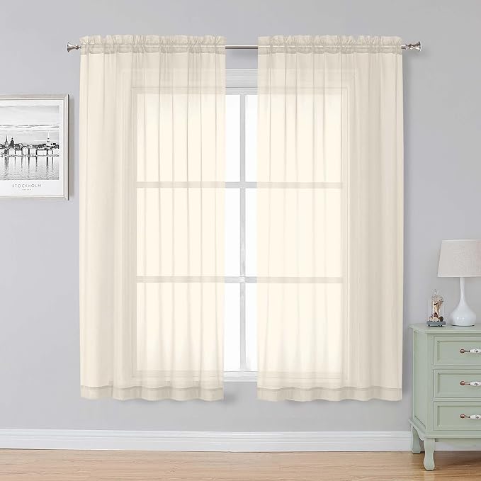 Simplebrand Cream Sheer Curtains, 63" Length, 2 Panels Set - Light Filtering, Rod Pocket Window Curtains for Bedroom (Cream, 59" W x 63" L)