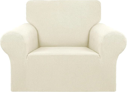KEKUOU Stretch Single Sofa Slipcover 1 Piece Couch Sofa Cover (31"-55") Furniture Protector 1 Seater Sofa with Elastic Bottom for Kids,Pet.Jacquard Small Checked Pattern Fabric(Small,Beige)