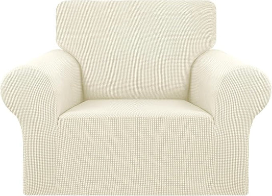 KEKUOU Stretch Single Sofa Slipcover 1 Piece Couch Sofa Cover (31"-55") Furniture Protector 1 Seater Sofa with Elastic Bottom for Kids,Pet.Jacquard Small Checked Pattern Fabric(Small,Beige)