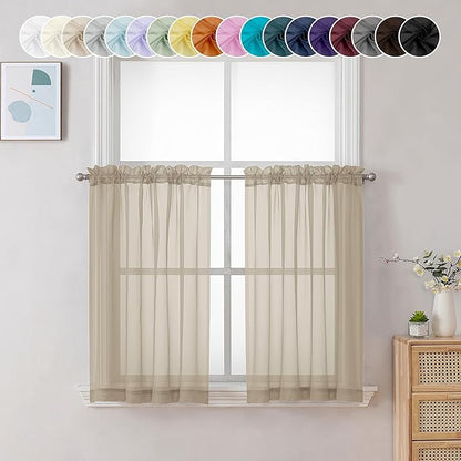 Chyhomenyc Taupe Sheer Curtains 24 Inch Length, Short Window Curtains for Bathroom Living Room Basement, Light Filtering Small Cafe Curtains, 42W x 24L Inches, 2 Panels
