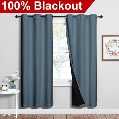 NICETOWN 100% Blackout Window Curtain Panels, Smoky Blue, 2 Pieces, 42-inch Wide Per Panel, Full Light Blocking Drapes with Black Liner for Nursery, 72-inch Drop Thermal Insulated Draperies