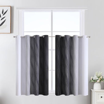 Estelar Textiler Black and Greyish White Ombre Short Blackout Kitchen Curtains 36 Inch Long, Thermal Insulated Grommet Small Half Window Drapes for Cafe/Basement/RV Camper, 52Wx36L, 2 Panels
