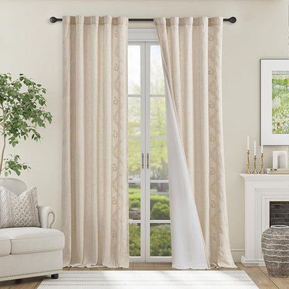 jinchan Belrose Lined Linen Blend Curtains Boho Floral Curtains for Bedroom 96 Inch Length Ivory Embroidered Drapes Rod Pocket Farmhouse Flower Drapes for Living Room Window Treatments Set 2 Panels