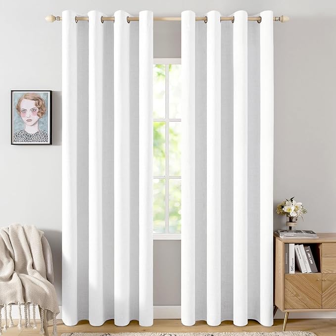 MIULEE 100% Blackout Linen Textured Curtains for Bedroom Solid Thermal Insulated Bright White Grommet Room Darkening Curtains & Drapes Luxury Decor for Living Room Nursery 52 x 84 Inch (2 Panels)