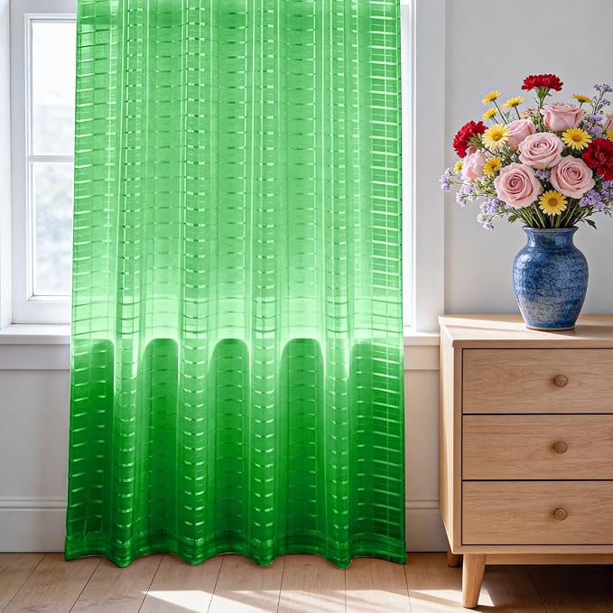 SpaceDresser Check Sheer Curtains 96 Inches 2 Panels Set, Rod Pocket Plaid Window Curtain for Living Room, Green Semi Sheer Drapes for Kitchen Bedroom Children Room Yard（Green, 52W x 96L）