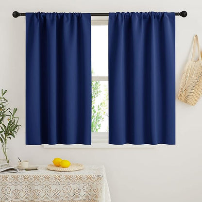 RYB HOME Short Blackout Curtains for Bedroom, Room Darkening Insulated Summer Heat Light UV Blocking Energy Saving Drapes for Nursery, Width 34 by Length 48, Marine Blue, Set of 2