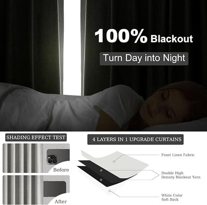 Topfinel 92 Inch Linen 100% Blackout Curtains 2 Panels for Living Room Bedroom Thermal Insulated Total Black Out Linen Drapes with Back Tab Room Darkening Charcoal Grey Window Curtains 52x92