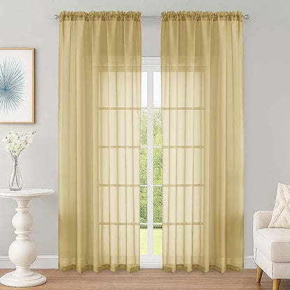 OWENIE Gold Sheer Curtain 90 Inches Long 2 Panels Set, Solid Filmy Drapes for Living Room Bedroom, Elegant Window Voile Sheer Curtain Panels Drapes, 2 Pcs, Each 59" Wx90 L Inch