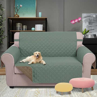 U-NICE HOME Loveseat Sofa Cover Reversible Couch Covers for 2 Cushion Couch for Dogs Furniture Protector Cover with Elastic Straps Water Resistant(Loveseat Small, Greyish Green/Taupe)