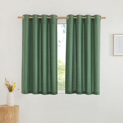 NICETOWN Short Thick Linen Curtains for Small Window, Grommet Bedroom Curtains & Drapes Privacy Added with Light Filtering Window Treatments for Bathroom, Olive Green, 2 Panels, W55 x L54