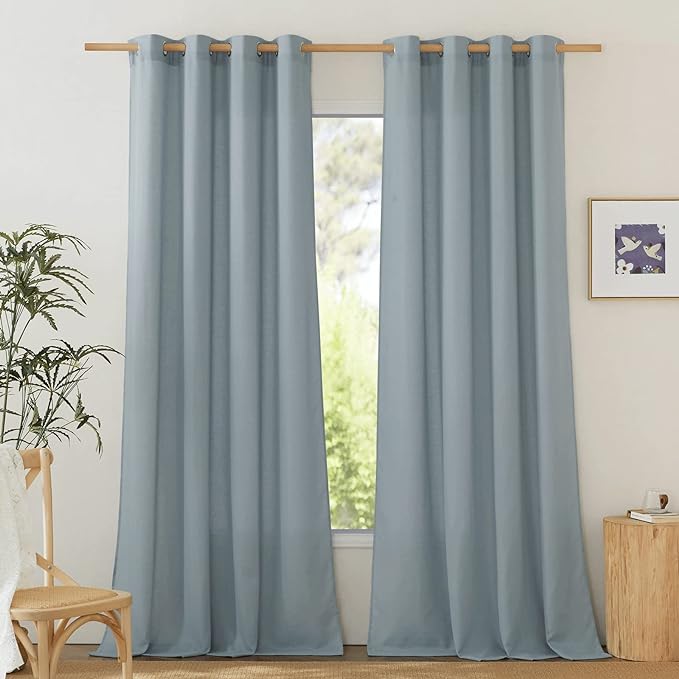 NICETOWN Rustic Linen 102 inch Long Curtains for Living Room, Grommet Privacy Added Thick Linen Weave with Light Filter Window Curtains & Drapes for Bedroom, Stone Blue, W55 x L102, 2 Panels