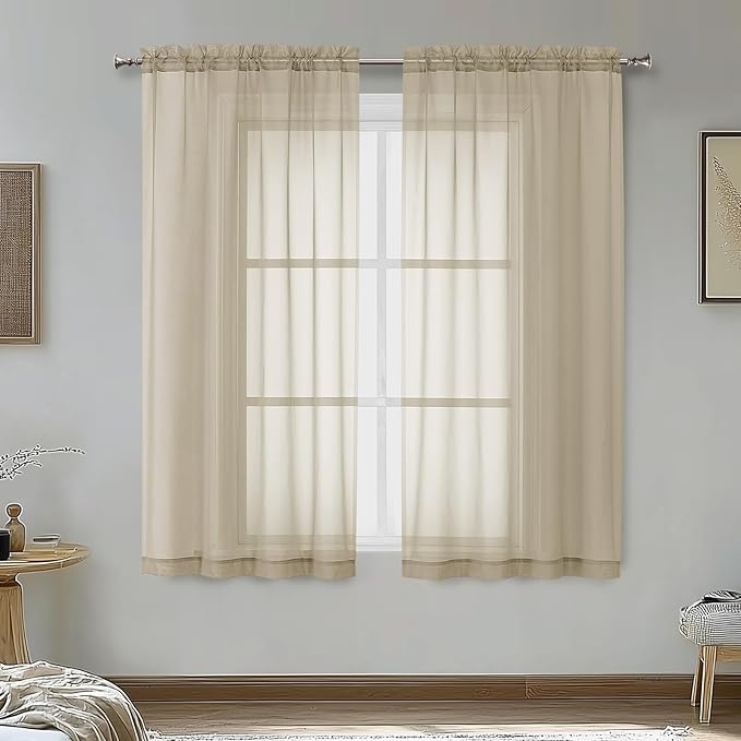 OVZME Taupe Sheer Curtains 54 Inches Long 2 Panels - Soft Light Filtering Window Sheer Panels for Living Room/Bedroom, Top Dual Rod Pocket, 1 Pair, Each 42Wx54L Inches