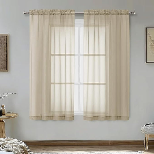 OVZME Taupe Sheer Curtains 54 Inches Long 2 Panels - Soft Light Filtering Window Sheer Panels for Living Room/Bedroom, Top Dual Rod Pocket, 1 Pair, Each 42Wx54L Inches