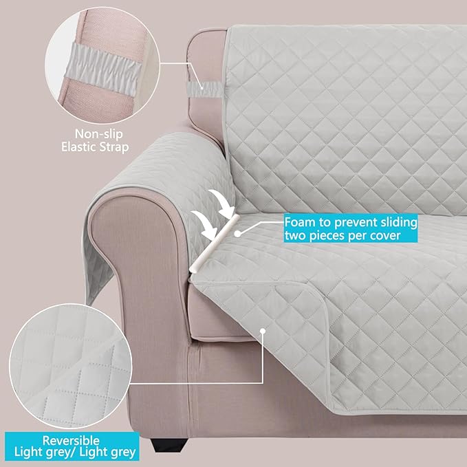 U-NICE HOME Reversible Oversized Chair Covers Quilted Water Repellent Pet Protectors with Elastic Straps(28''Armchair, Light Grey/Light Grey)